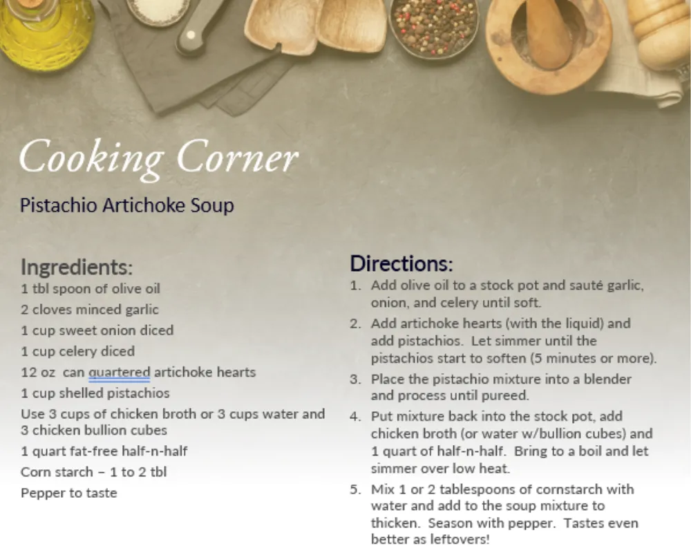 Treasure Valley Financial Planning newsletter recipe for Pistachio Artichoke Soup.